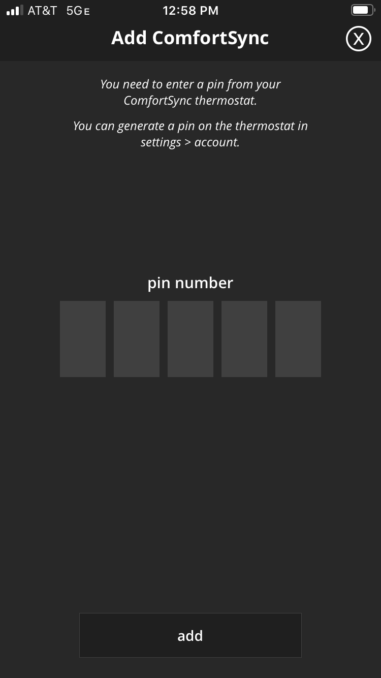 Mobile Add PIN Comfort Sync